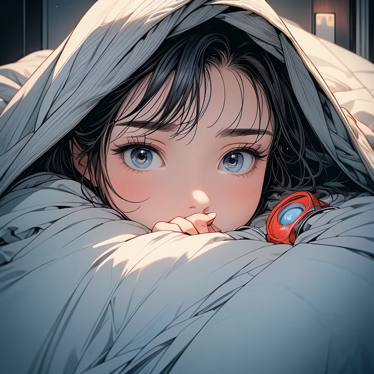 (masterpiece:1.4), (high-quality, high-definition, high-resolution), Realistic style, (primary warm vivid color palette),a beautiful woman with cold, cooling sheet on forehead, wears warm pajamas, huddled under quilt in bed in private room, cold symptoms, pained expression, (richly drawn and delicate)