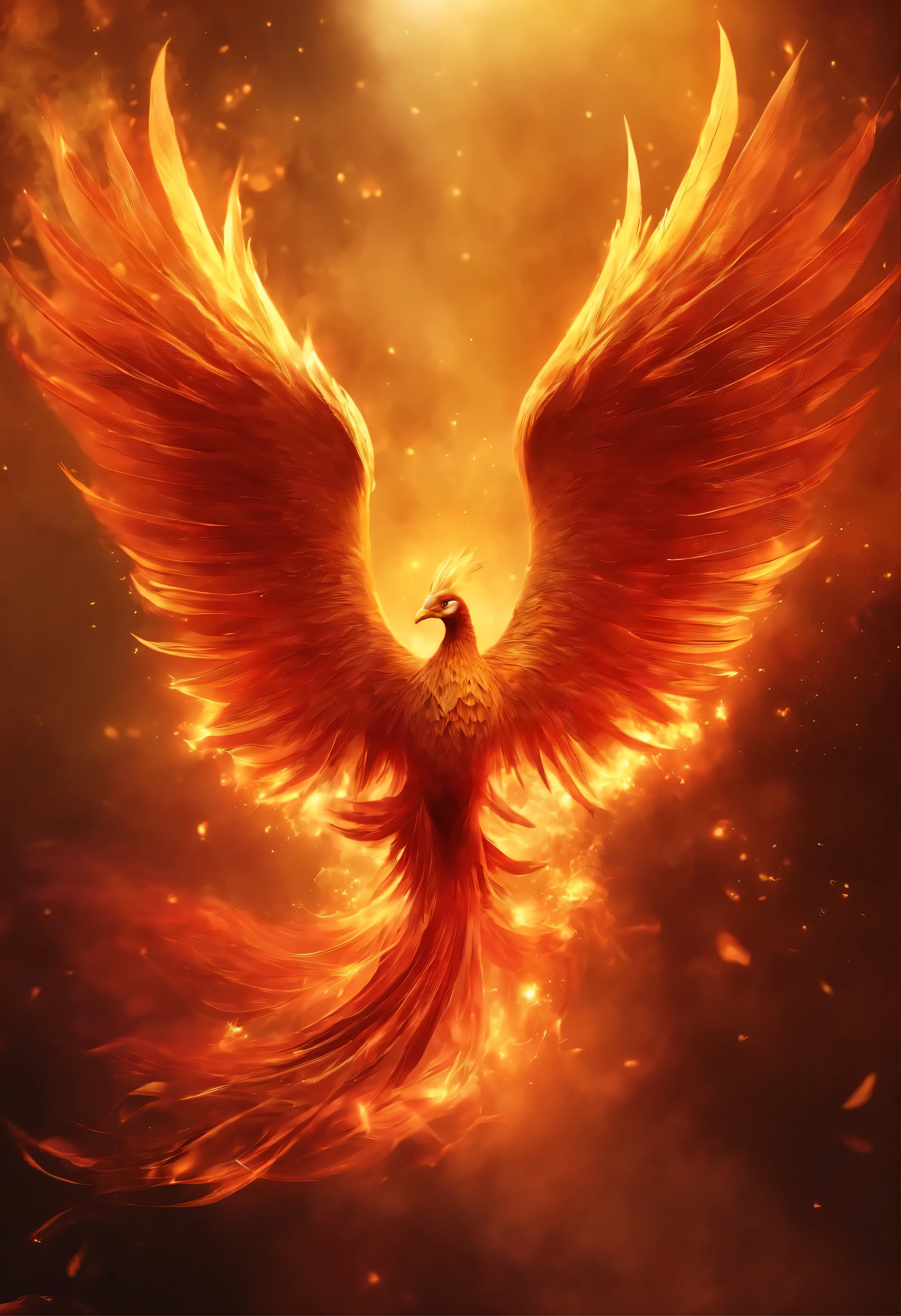 Phoenix,火焰Phoenix金色, bright, Magnificent,Phoenix, Amazing atmosphere,Rich gold and red color palette, bright lights, Effects of flame splashes and smoke