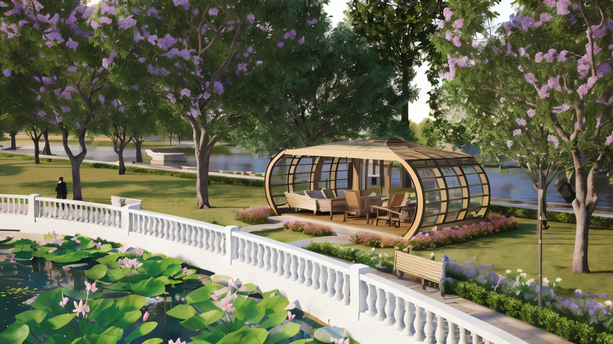 rendering of a gazebo in a park with a pond and flowers, highly detailed render, detailed rendering, fully detailed render, very detailed render, beautiful rendering, realistic rendering