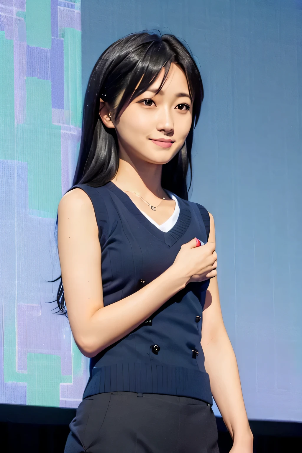 (((pixel perfect, Perfection with attention to detail))), alone, 1 girl, Chihaya Kisaragi, (black hair), stage, Idol, (Light blue T-shirt:1.4, Navy V-Neck Knit Vest, Dark blue slacks), looking at the viewer, :d, smile, break (flat chest:1.4)