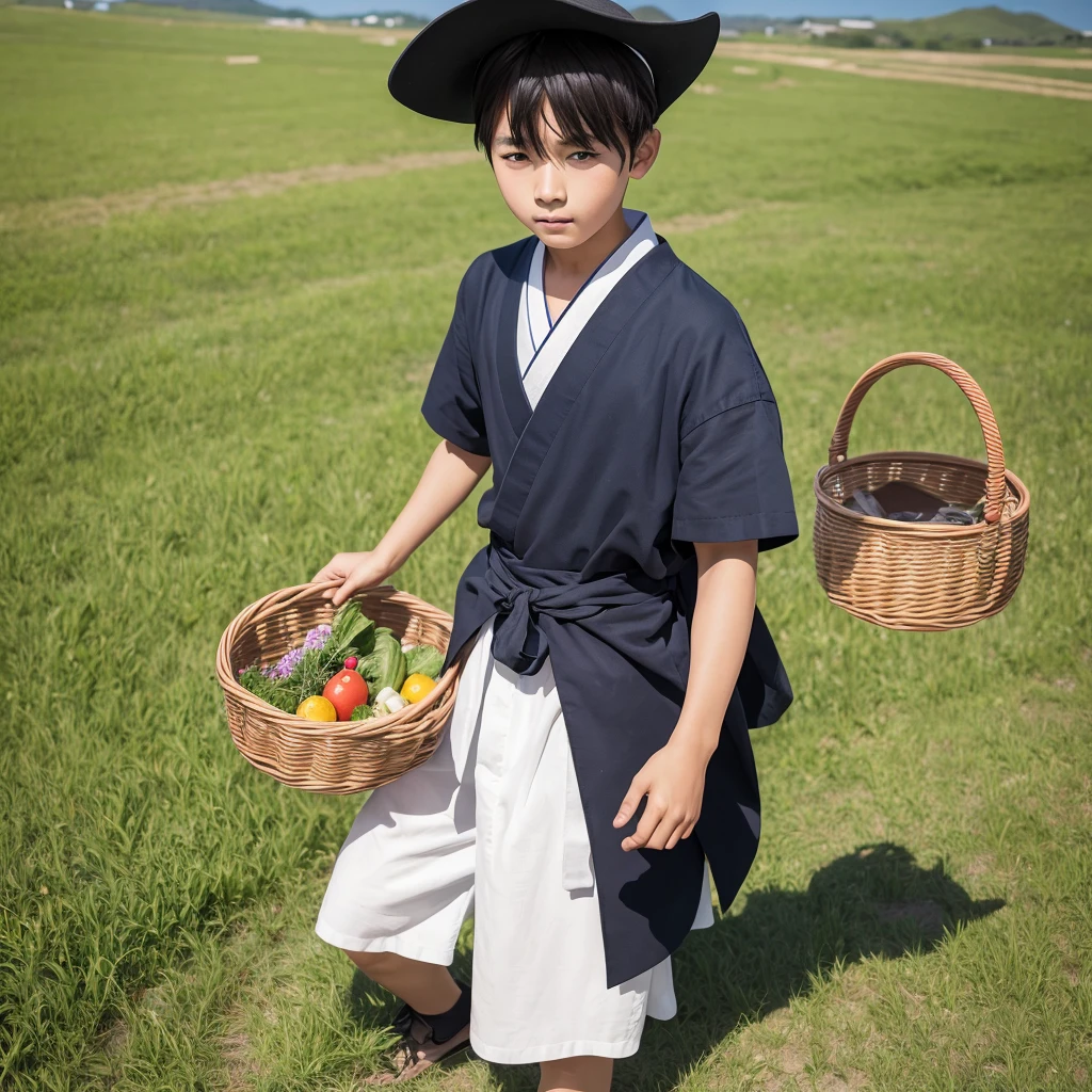 High resolution, Super detailed, masterpiece, highest quality,oriental、boy、boy working in the field、grassland、Basket Bag、Wearing traditional Japanese costumes、alone、