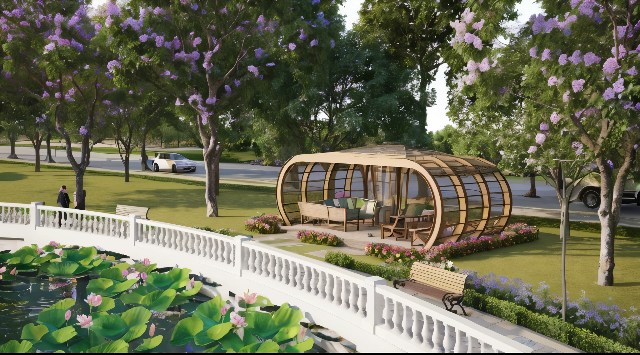 rendering of a gazebo in a park with a pond and flowers, in style realistic, highly detailed render, detailed rendering, fully detailed render, very detailed render, highly detaile render, beautiful rendering, realistic rendering