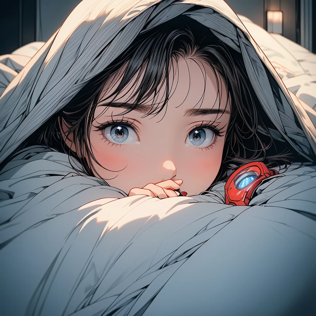 (masterpiece:1.4), (high-quality, high-definition, high-resolution), Realistic style, (primary warm vivid color palette),a beautiful woman with cold, cooling sheet on forehead, wears warm pajamas, huddled under quilt in bed in private room, cold symptoms, pained expression, (richly drawn and delicate)