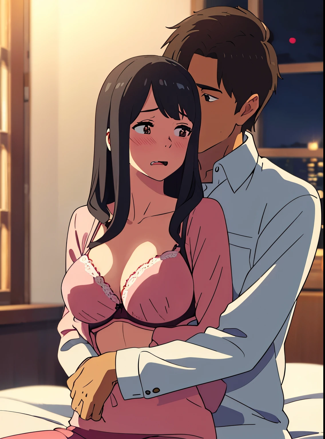 1middle age man, wrinkle face, black hair,bangs swept to the right side, Middle aged man behind girl, touching chest, breatsgrope from behind, grab, grabbing chest,chestgrab behind back, removing bra, hold bra, hug back, hugging, neck kiss, 1girl, black hair, twisted half up, red ribbon, long hair, brown eyes, blue star necklace, light cardigan pink, open shirt, yellow shirt open shifrt, navel, white bra, white pants, cute, open mouth, full body, long sleeves, cowboy shot, masterpiece, on a dating, blushing, bedroom, night, sit on bed