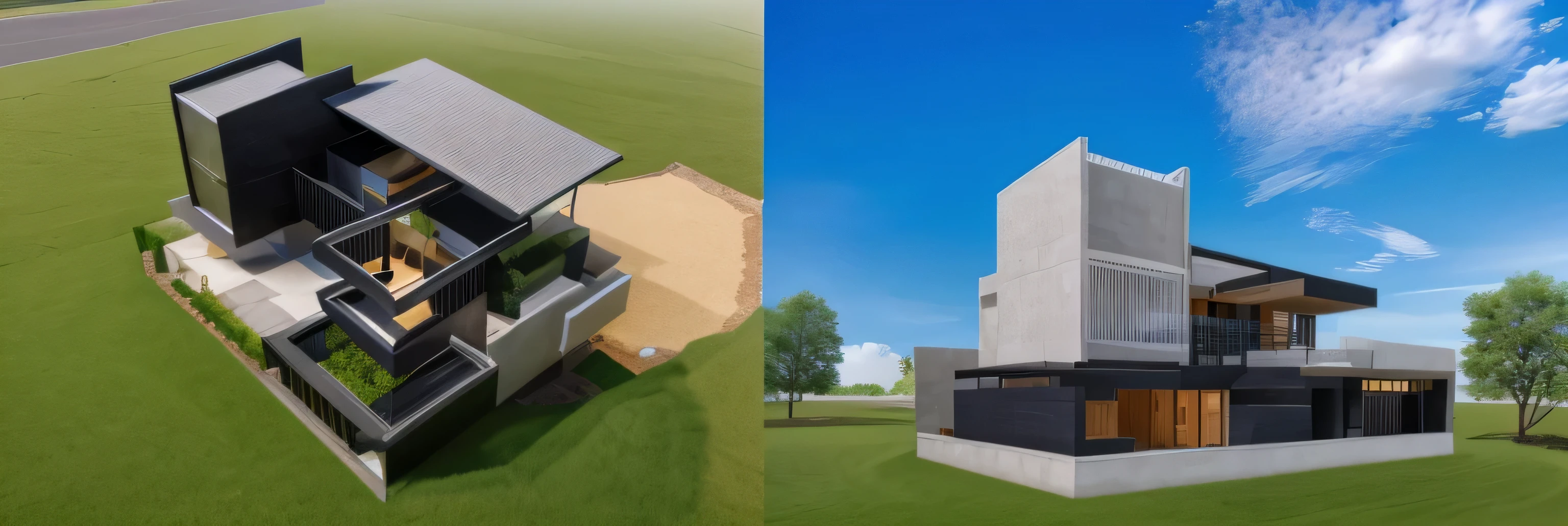 modern design villa, modern villa exterior, front yard, stone and grass path, weather morning, sky, cloud