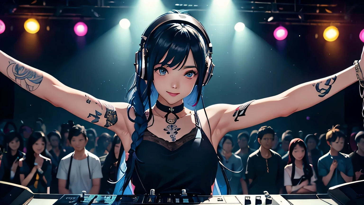Upper body body、perspiring、Lemon in one hand、Tattoo on the Japan、a smile、Longhaire、Young girl DJ with dark blue hair , blue eyes、medium breast, nipple bumps, White clothing、whimsy、Lively exterior、Playful accessories、music mixing、Imaginative、Functional、voluntary、DJ Headphones、Mixing Console、Music Clubs、night club、Indie Theatre、Person dancing on dance floor background々、Wide stage、最好质量、Skin texture、and intricate detailing、(lighting like a movie)、Raw photos、8K