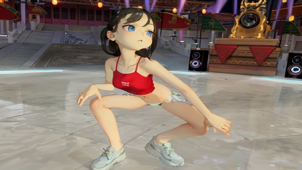 1 girl, alone, Masterpiece, the best_quality, photography, looking at camera, young adult guard, Tired expression, โปgameอน, โปgameอน (game), game freak, Nintendo, (porcelain skin), blue eyes, (black hair), (I'm busy in a ponytail.), black cardigan, Loose-fitting shirt, Black sweatpants, gen 3 โปgameอน, โปgameอน (organism), white skin, concrete background, lean against