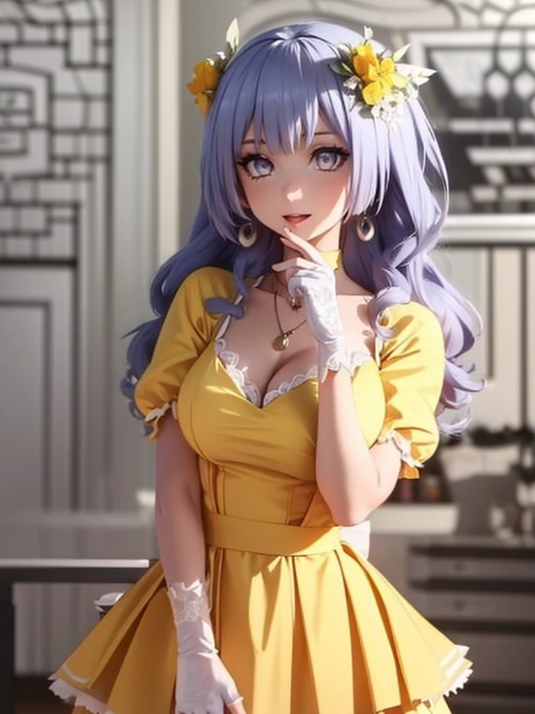 Great quality ++ High resolution extremely detailed, very aesthetic, expressive eyes, perfect face, face symmetrical, good , perfect hands, 8k, UHD, HD wallpaper, high quality, Ultra detailed, ((((1girl)))), (((1person))), ((((cuerpo completo)))), ((((Date A Live)))), (((Miku Izayoi))), (((Long hair))), (((Light Indigo hair))), (((Silver eyes))), (((heavy makeup housewife))), (((housewife dress))), (((stepford))), (((stepfordized))), ((((yellow dress)))), white polkadots on dress, long gloves, elbow gloves, hair up, hair bun, (((hypnotized eyes))), earrings, smile, blissful, happy, wearing lipstick, wearing makeup, purple eyeliner, blush, tall image, tall hair, bige , small waist, looking at viewer, swirl eyes, big lips, thick lips, hair in bun, hair up, necklace, tight dress, swirl eyes, (((hypnotized eyes))), tall image, thin waist, cute, side angle, big pupils, open mouth, house background, center angle, beehive hairdo, (((house background))), ((((center angle)))),

