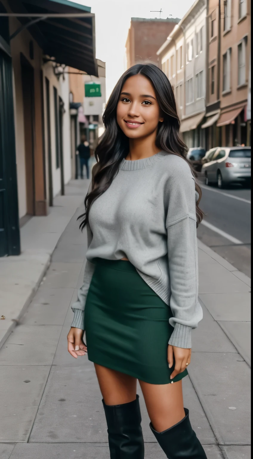 Foto hiperrealista en primer plano de Kelsey Asbille (native American ((light dark skin))), masterpiece, best quality, (photorealistic:1.4), full body, (green sweater:1.1) and (green midi midi skirt:1.1), (boots:1.2), on the street of western town. cinematic light, beautiful woman, skinny, large big breasts, black long hair, detailed face, smile, facing the camera, photo taken from a distance, age of 25 years old, camera filter on pastel gray colors,, grey filter on camera