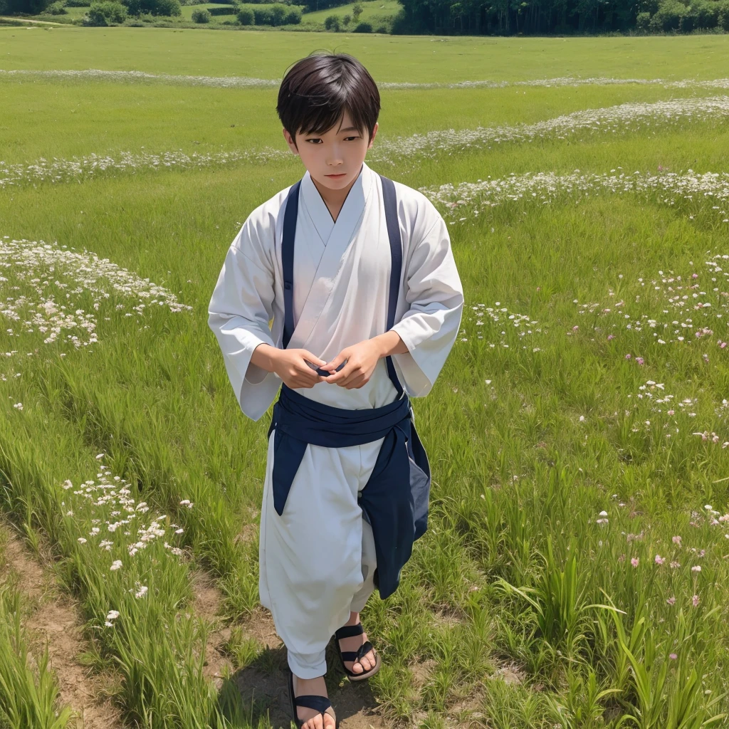High resolution, Super detailed, masterpiece, highest quality,oriental、boy、boy working in the field、grassland、Wearing traditional Japanese costumes、alone、medicinal herbs、
