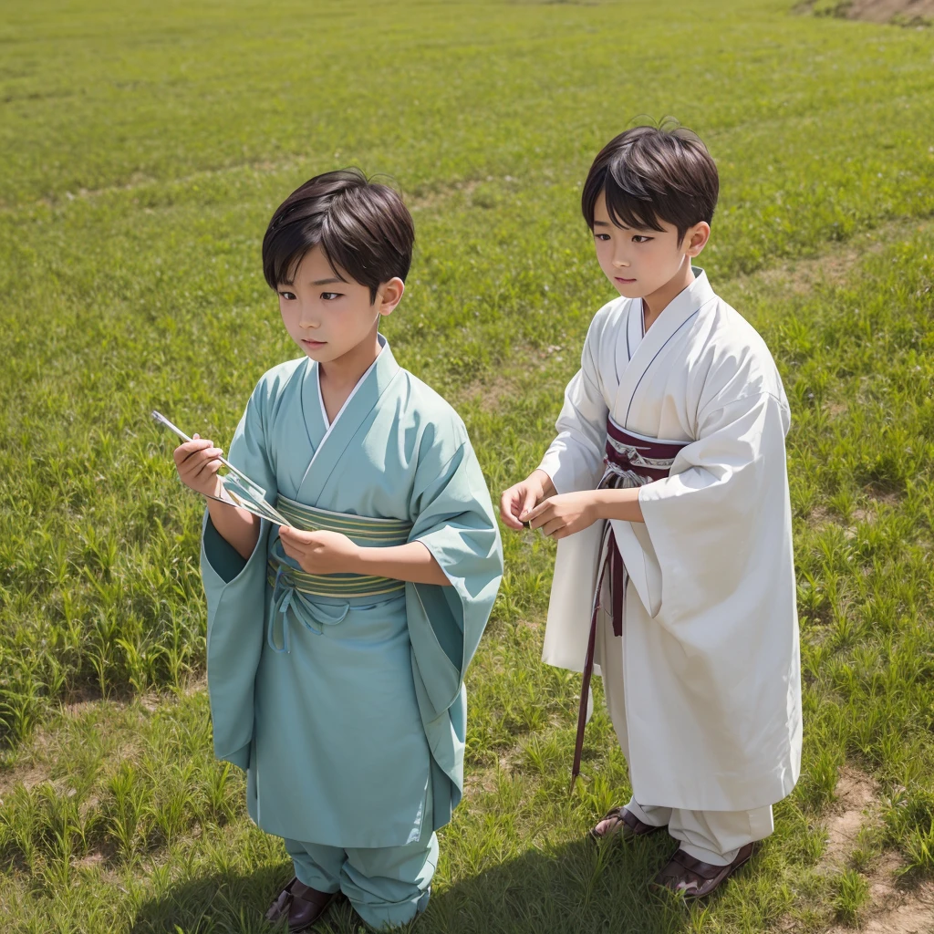 High resolution, Super detailed, masterpiece, highest quality,oriental、boy、boy working in the field、grassland、Wearing traditional Japanese costumes、alone、medicinal herbs、