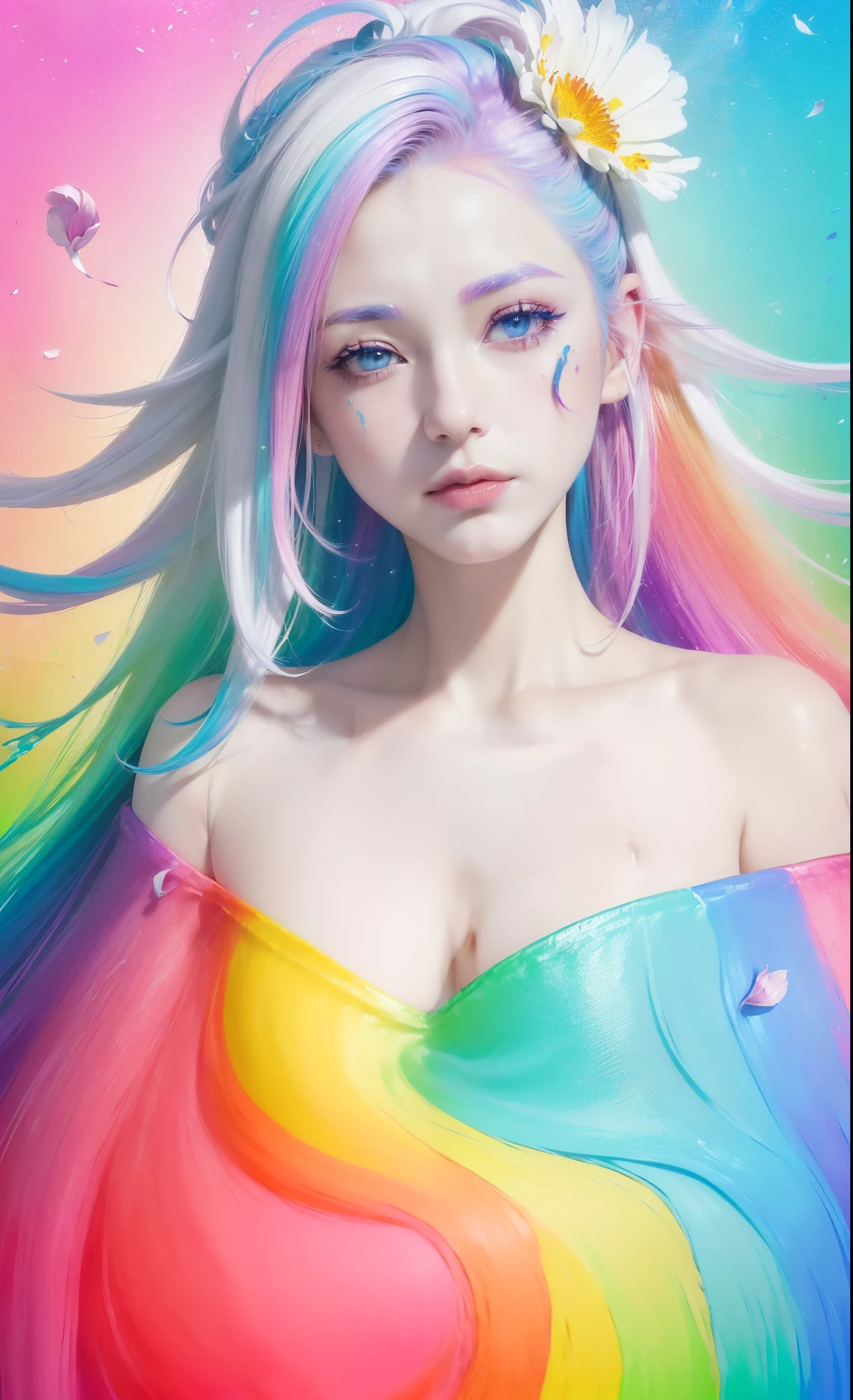 (Pink Fashion T-shirt:1.9),(Colorful hair: 1.8), (all the colours of the rainbow: 1.8),(((((vertical painting:1.6))), (painting:1.6),front, comics, illustrations, paintings, large eyes, crystal clear eyes,( rainbow color gradient high ponytail:1.7), exquisite makeup, closed mouth,(Small Fresh: 1.5),(Wipe Chest: 1.6) ,long eyelashes, white off shoulder T-shirt, White Shoulder Shirt,looking at the audience, large watery eyes, (rainbow colored hair:1.6), color splash, (solo:1.8), color splash, color explosion, thick paint style, messy lines, ((shining)),(colorful), (colorful), (colorful), colorful, Thick Paint Style, (Splash) (Color Splash), Vertical Painting, Upper Body, Paint Splash, Acrylic Pigment, Gradient, Paint, Highest Image Quality, Highest Quality, Masterpiece, Solo, Depth of Field, Face Paint, colorful clothes, (Elegant: 1.2), gorgeous,long hair, wind, (Elegant: 1.3), (Petals: 1.4),(((masterpiece))),(((best quality))),((ultra-detailed)),(illustration),(dynamic angle),((floating)),(paint),((disheveled hair)),(solo),(1girl) , (((detailed anima face))),((beautiful detailed face)),collar,bare shoulders,white hair, ((colorful hair)),((streaked hair)),beautiful detailed eyes,(Gradient color eyes),(((colorful eyes))),(((colorful background))),(((high saturation))),(((surrounded by colorful splashes))),