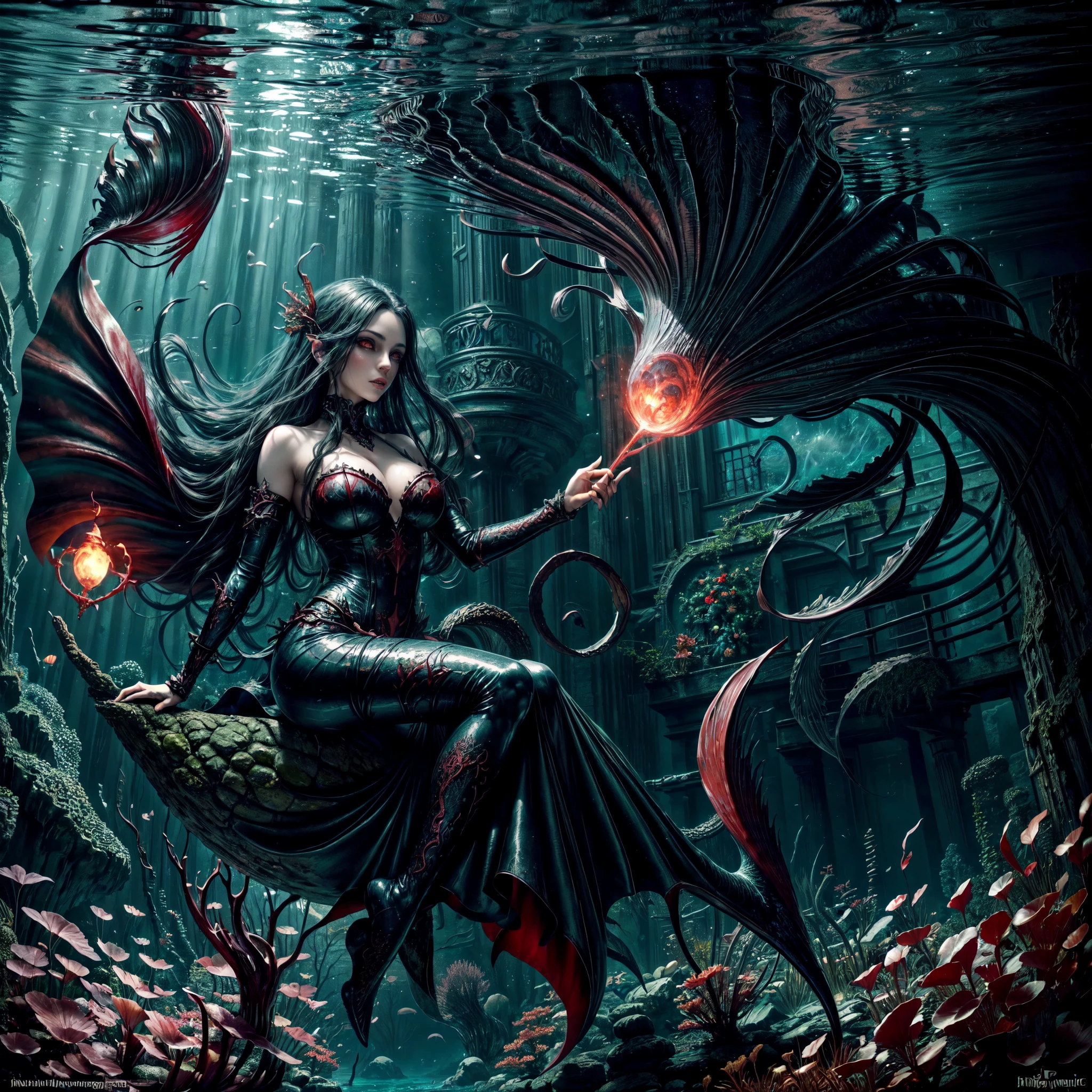 high details, best quality, 16k, [ultra detailed], masterpiece, best quality, (extremely detailed), full body, ultra wide shot, RAW, photorealistic, dark fantasy art, dnd art, rpg art, realistic art, an ultra wide picture of a vampiric mermaid (1.5 intricate details, Masterpiece, best quality) blood mage casting ((blood control spell)), blood wizard ((blood magic, intense magic details)), ((controlling a swirling mass of blood)) underwater, magical symbols GlowingRunes_pink, female vampiric mermaid, pale skin, black hair, long hair, swirling hair, lower body tail fin, intense eyes, red eyes, small (( red eyes)), ((glowing eyes)), wearing sea shell clothing, beautiful dark mermaid, underwater background, rich underwater life, ((magical atmosphere)), fish and sea weeds, high details, best quality, highres, ultra wide angle