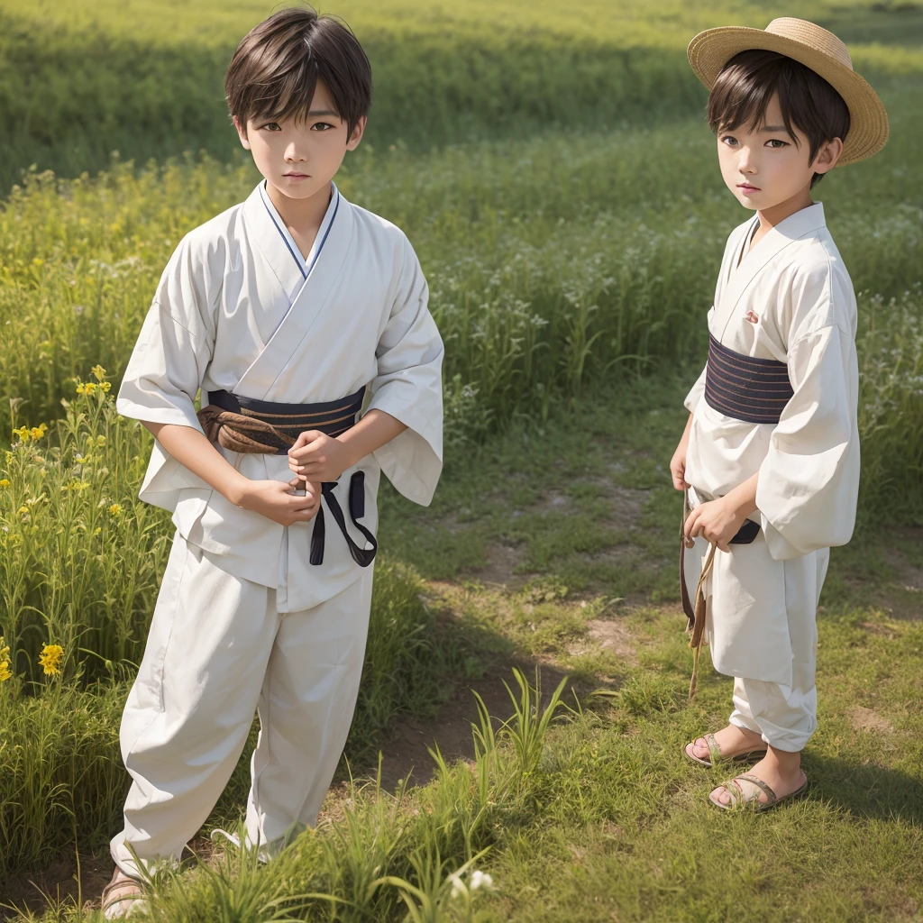 High resolution, Super detailed, masterpiece, highest quality,oriental、boy、Wearing traditional Japanese costumes、alone、boy doing farm work、