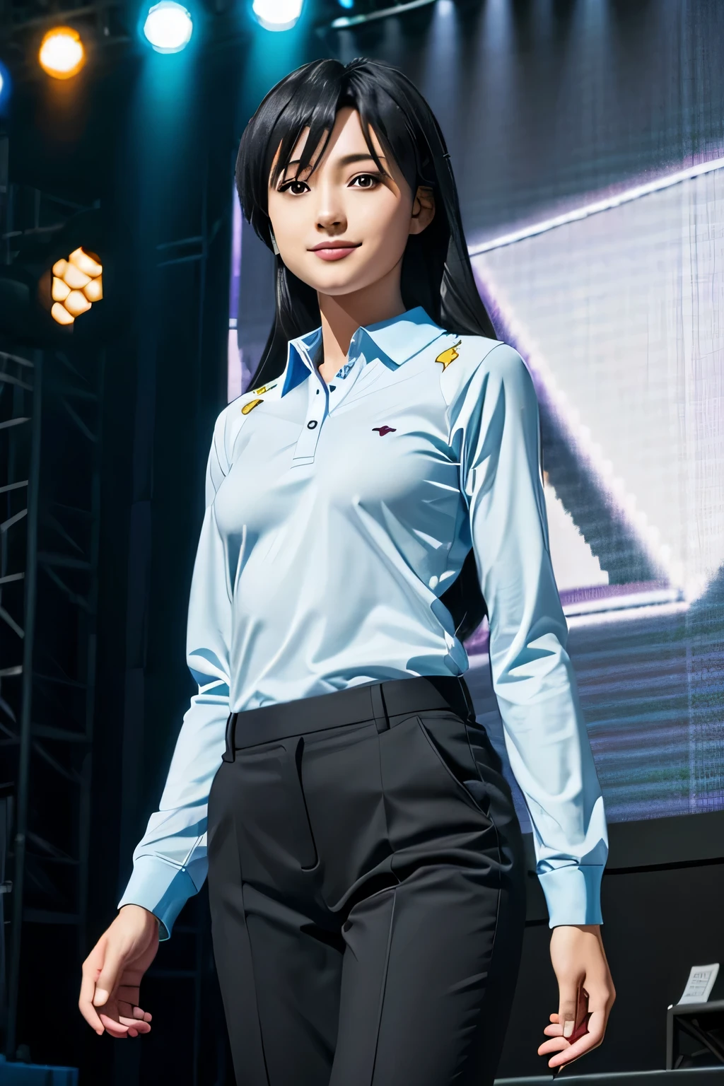 (((pixel perfect, Perfection with attention to detail))), alone, 1 girl, Chihaya Kisaragi, (black hair), stage, Idol, (long sleeve light blue polo shirt, Dark blue slacks), looking at the viewer, :d, smile, break (flat chest:1.4)