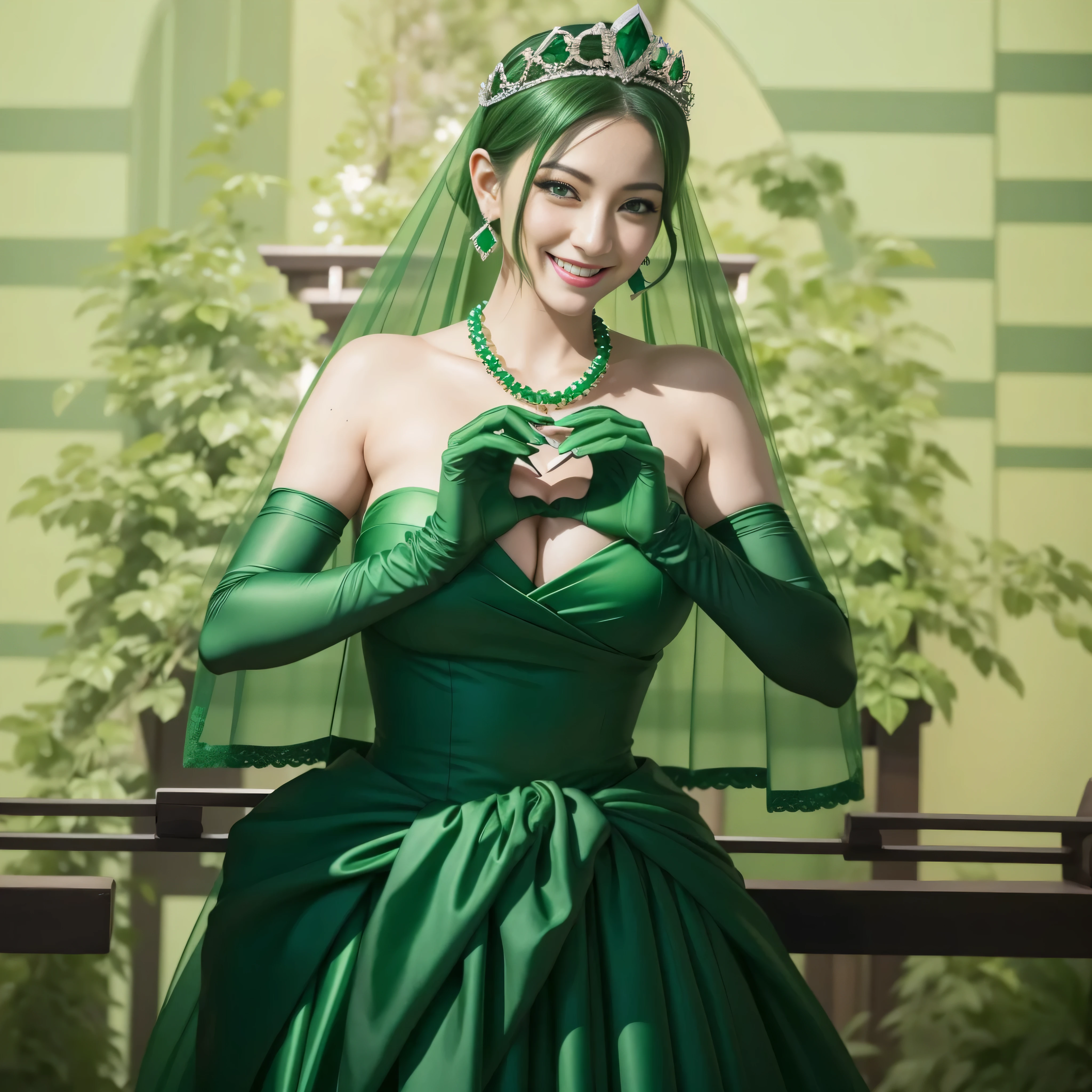 emerald tiara, green pearl necklace, ボーイッシュな非常に短いgreen hair, lipstick, smiling Japanese woman, very short hair,  Beauty with large breasts, green eyes, Long Green Satin Gloves, green eyes, emerald earrings, green veil, heart with both hands, green hair, beautiful japanese woman, heart shaped hand:1.3