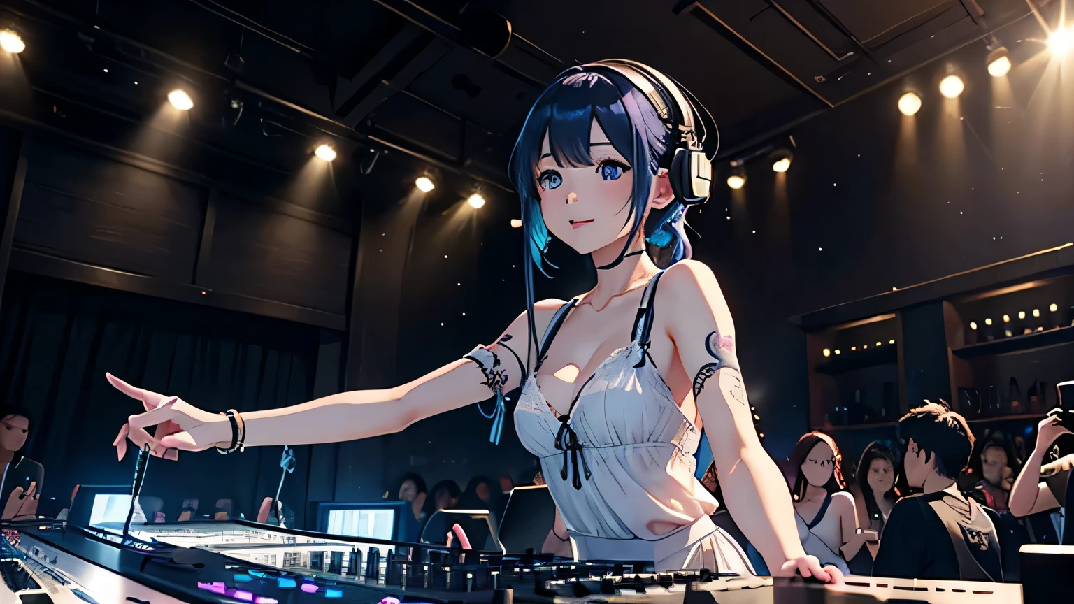 Upper body body、perspiring、Lemon in one hand、Tattoo on the Japan、a smile、Longhaire、Young girl DJ with dark blue hair , blue eyes、medium breast, nipple bumps, White clothing、whimsy、Lively exterior、Playful accessories、music mixing、Imaginative、Functional、voluntary、DJ Headphones、Mixing Console、Music Clubs、night club、Indie Theatre、Person dancing on dance floor background々、Wide stage、最好质量、Skin texture、and intricate detailing、(lighting like a movie)、Raw photos、8K