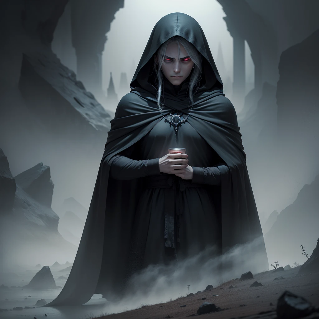 In the highest quality resolution of 4K and 8K, this dark fantasy image transports you to a desolate landscape enveloped in fog. The atmosphere is both creepy and lonely, evoking feelings of fear and isolation. A figure emerges from the darkness, wearing a black hooded robe made of fine wool, which adds to the sinister ambiance. With an evil presence and sharp crimson eyes, the enigmatic character exudes a sense of violence, coercion, and secrecy. The image is like a scene from a super realistic movie, with an emphasis on the character's facial expressions, suggesting a hidden agenda. The ambient lighting plays with light and shadow, enhancing the mysterious charm of the picture. The unconventional angle, captured from a dramatic perspective,