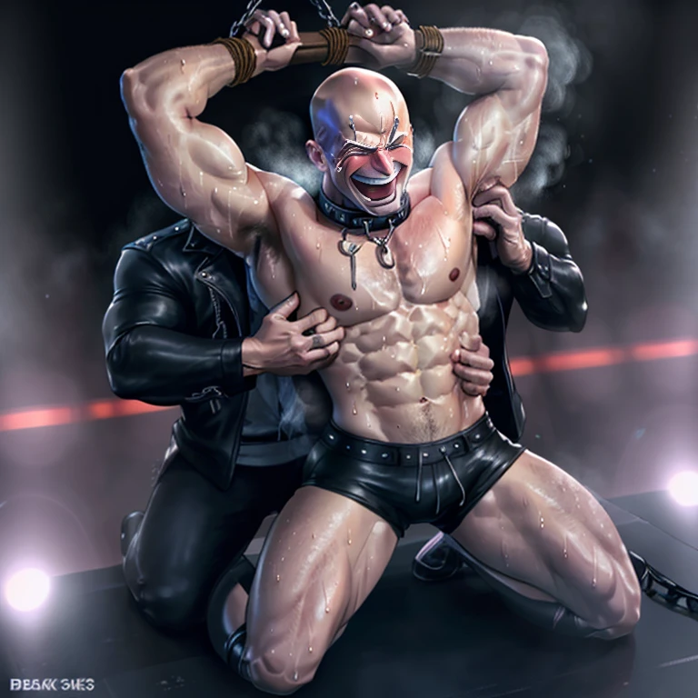 Two men,,male body,macho, blond hair,blue eyes, leather black jockstrap,topless, sweat steam, embarrassed,blush,parted lips, kneeling,arms behind head, full body, bondage,bdsm, collar,rope,chain, crowed stage,stage, tickled on his armpits, tickled on his hips, tickled on his ribs, laughing, tickled by hands, (hands everywhere 1:1), tickled by bald muscular man in leather sleeveless jacket  