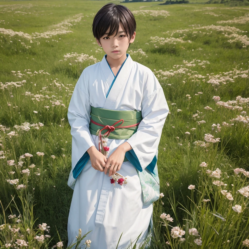 High resolution, Super detailed, masterpiece, highest quality,oriental、boy、grassland、Wearing traditional Japanese costumes、alone、have medicinal herbs、