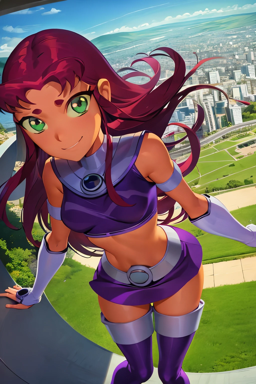 masterpiece, best quality, 1girl, starfire, red hair, long hair, green eyes, orange skin, crop top, midriff, miniskirt, thighhighs, thigh boots, solo, looking at viewer, smile, solo, blue sky, flying, city below  