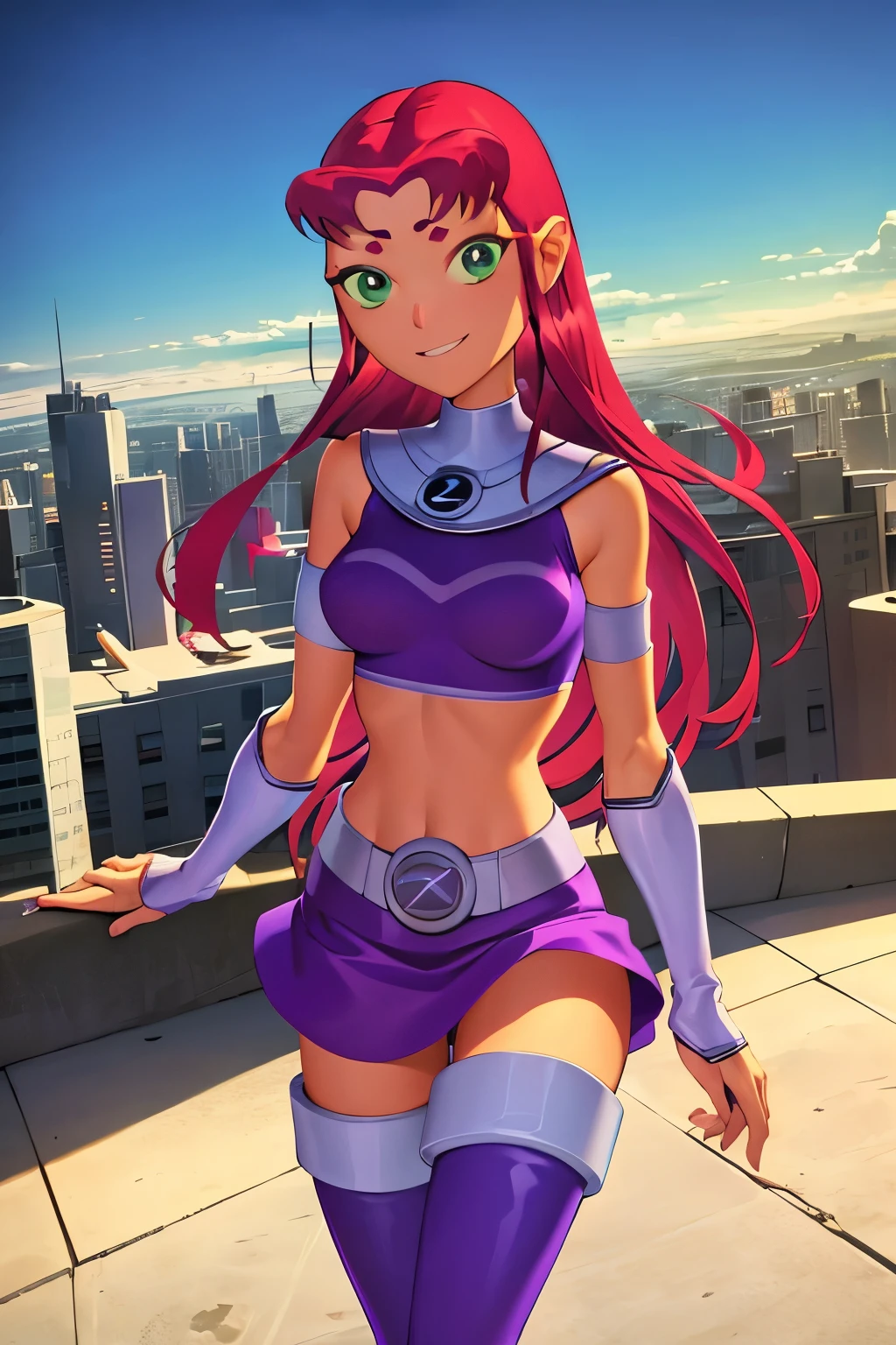 masterpiece, best quality, 1girl, starfire, red hair, long hair, green eyes, orange skin, crop top, midriff, miniskirt, thighhighs, thigh boots, solo, looking at viewer, smile, solo, blue sky, flying, city below  