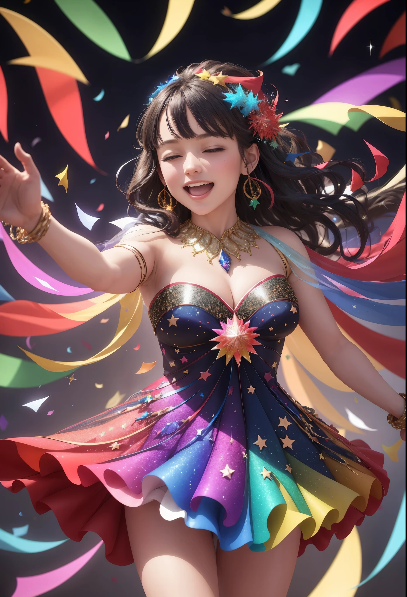 vibrant multicolored confetti, fluttering through the air, night sky backdrop, a dance of festivity and color, swirling paper fragments catching the light of the stars, a celebration under the celestial expanse, festive atmosphere, confetti like a rainbow cascade, sparkling against the dark canvas of night, endless joy expressed in flying colors, a spectacle of hues, paper pieces glinting silver in the moonlight, (best quality,4k,8k,highres,masterpiece:1.2), ultra-detailed, (realistic, photorealistic, photo-realistic:1.37), joyful celebration, starlit festival, lively confetti storm, festive night air, dynamic motion, festive spirals, spectacular display of colors, bright specks of paper, sparkling lively night, midnight celebration, (shimmering effect:1.1), (colorful paper, glossy paper), (ethereal glow:1.1), (vivid colors:1.1), magical night event