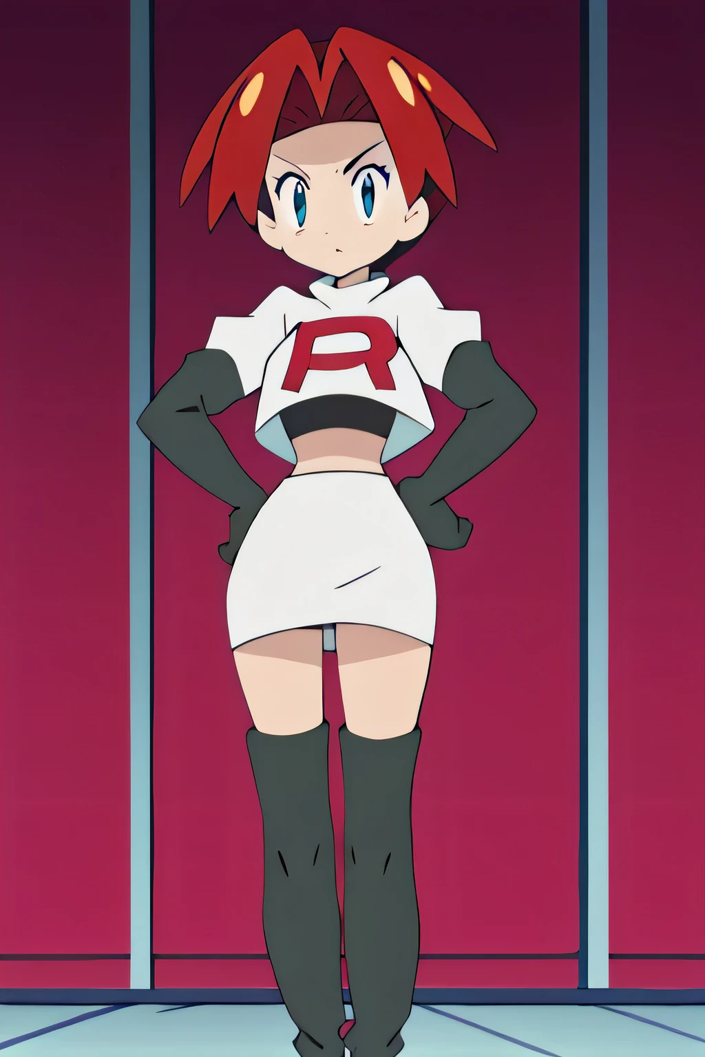 1girl in, (Solo:1.2), (Perfect body:1.1), (Best Quality:1.1), , very large breast, hands on hip,team rocket uniform, red letter r, white skirt,white crop top,black thigh-high boots, black elbow gloves, glaring angrily, looking at viewer, hands on hips, full body seen