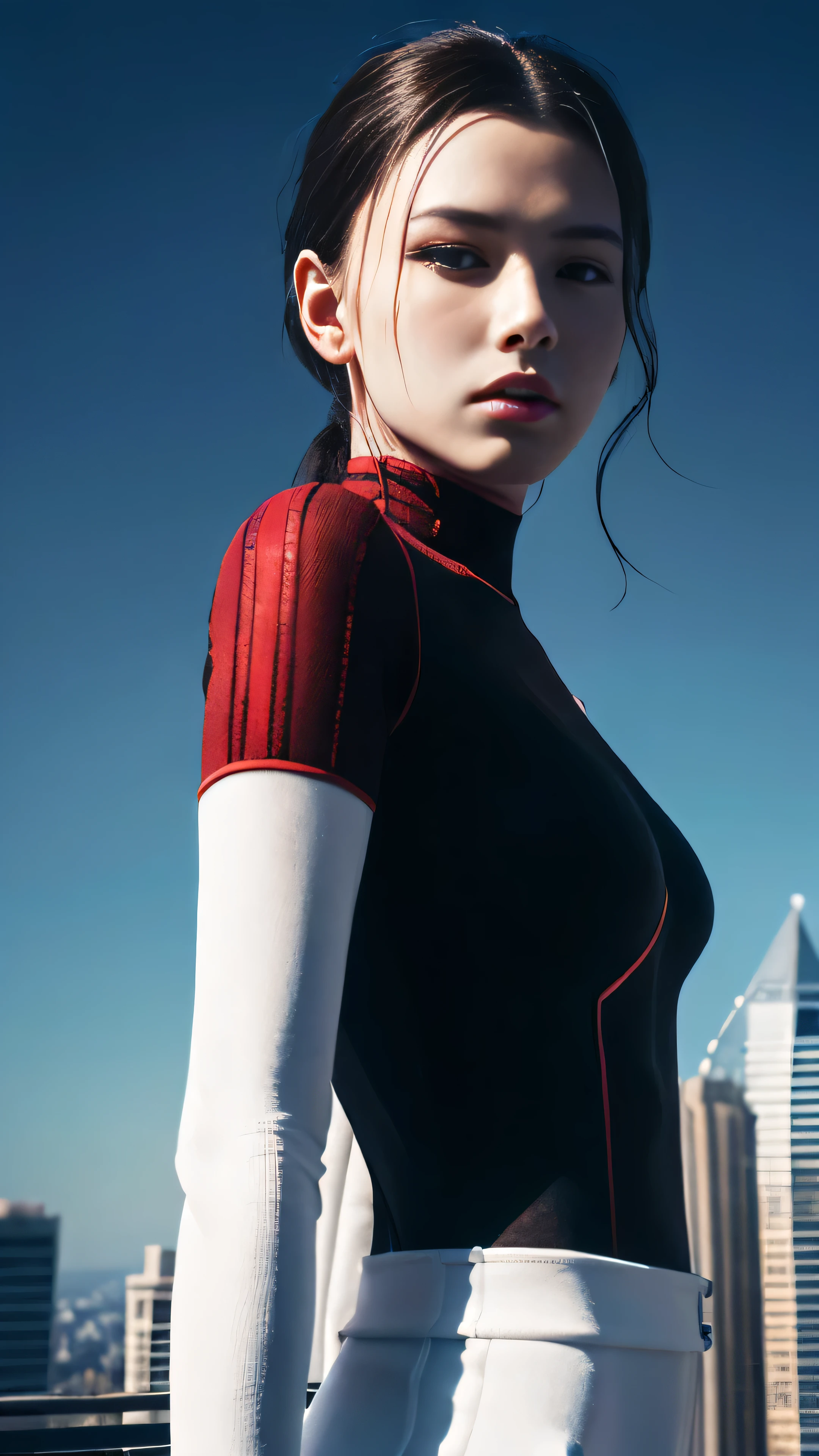 Black widow,above the city、Preparing for battle、white clothes that cover the whole body,detailed art photography、beautiful detailed face、dream-like、shine、with backlight、Glamour、shine、Shadow、oil on canvas、brush stroke、The soft、Ultra high definition、8K、Unreal Engine 5、ultra focus sharp、