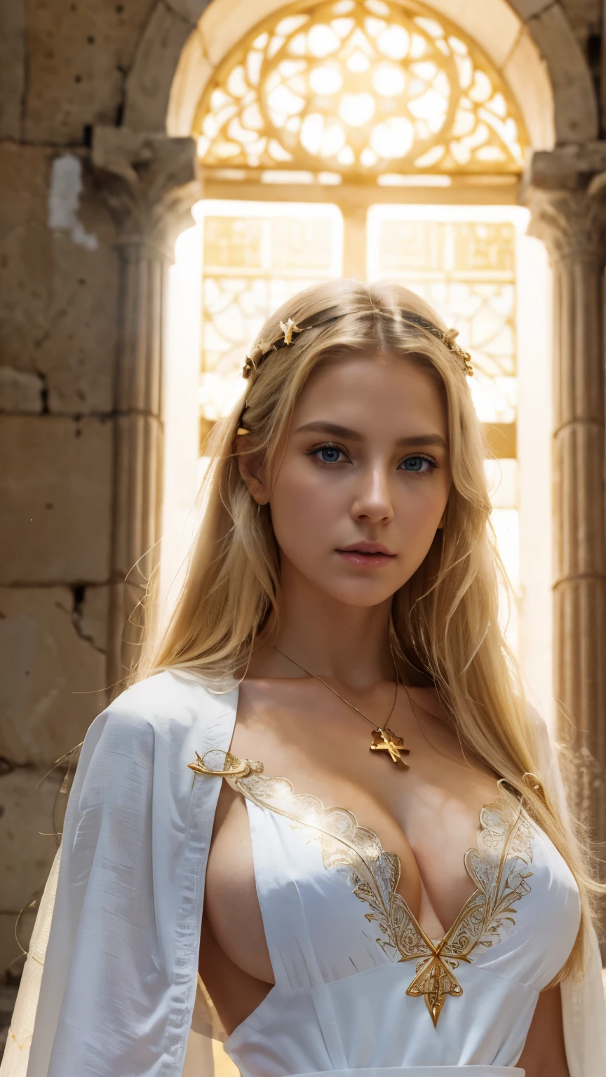 A portrait photo of beautiful girl, ancient priest girl, calm face, white skin and blonde hair, blue eyes, developed body, perfect breast, wearing ancient long white peplos and golden robe, cleavage , white transparent cape, the armors are highly detailed enchanted, engraved and embossed. cross necklace, holy temple background, holy light sparkling and dark smokes in surrounding , hyper realistic photo, medium closed up shot, fantasy photo