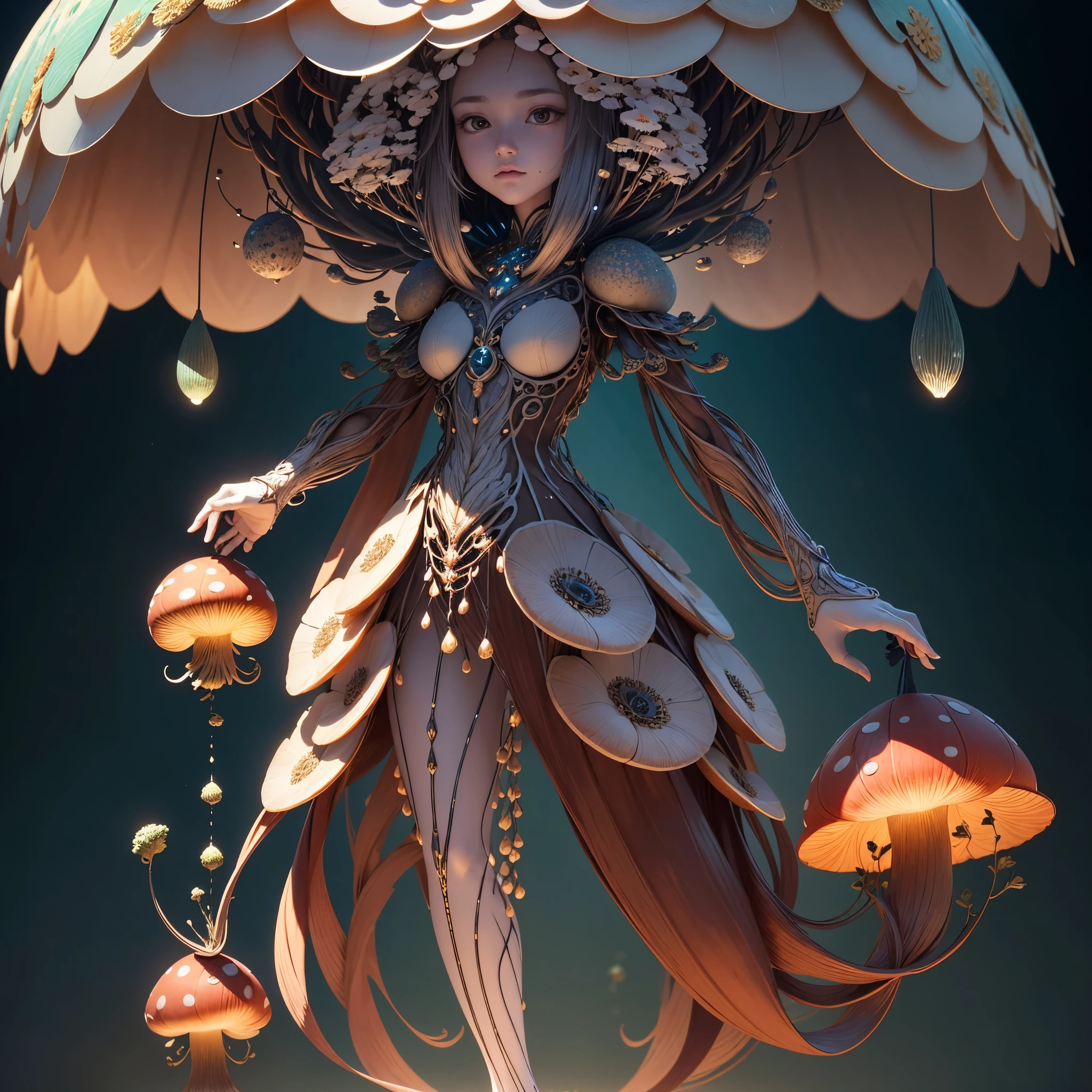 Generate images of creatures with humanoid body structures, But mainly composed of fungal elements. Its head resembles a big head, Dome-shaped crystal spring flower mushroom cap, fanciful, Colorful, Decorated with a luminous speckled pattern. Its arms are long, Flexible tendrils sprout from the shoulders, Able to be as vertical as a human hand. And not legs, It has a single, Thick, The stem is rooted in the ground. Its face is a small cluster, Bioluminescent spheres embedded in the bottom of the lid, Arranged in a way reminiscent of human facial features. photo-realism, ultra - detailed, 4K, A high resolution