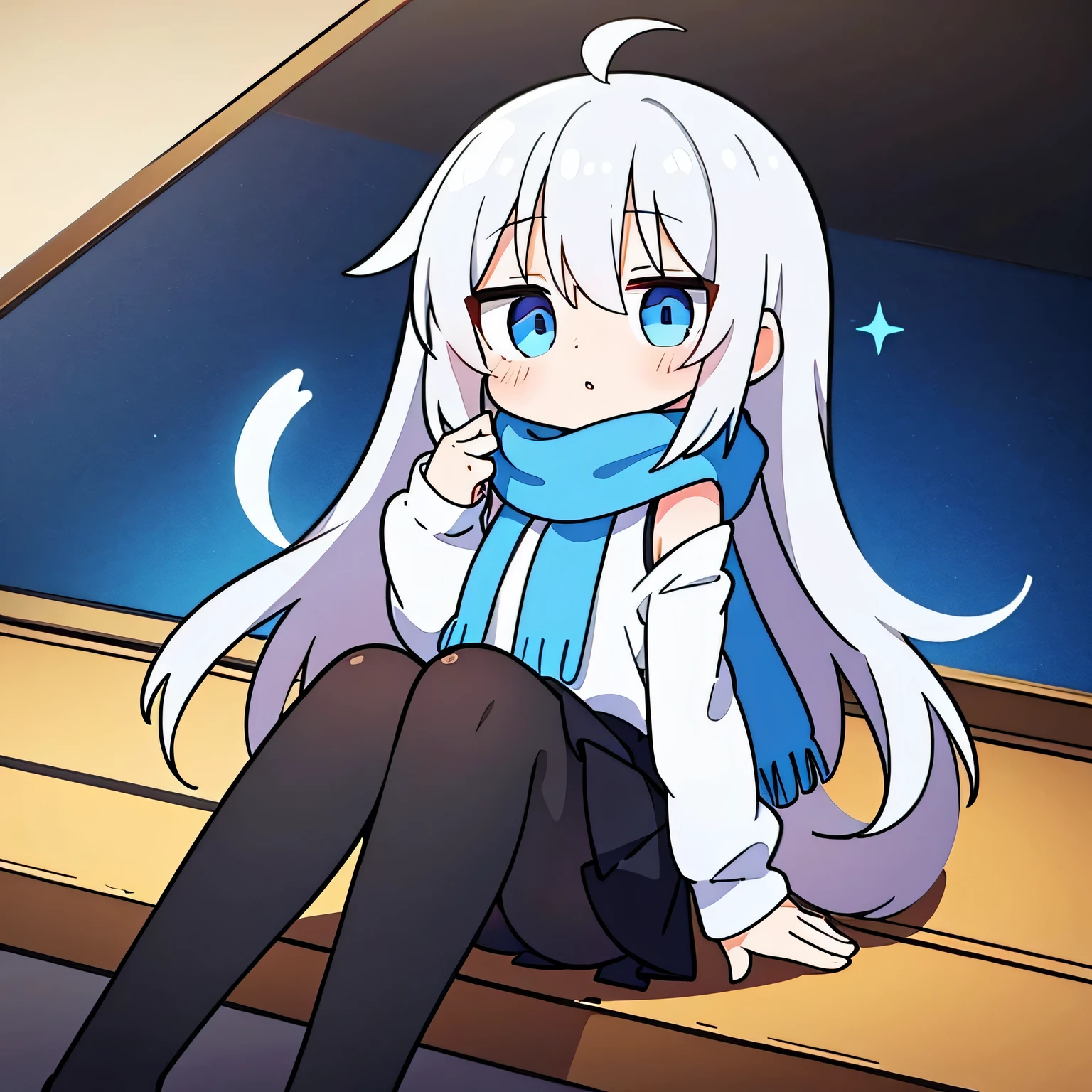 one girl、a bit、cute、mini、icon、gray hair、length、blue eyes、white sweater、masterpiece、best image quality、highest quality、black skirt、black tights、whole body、scarf、stinky eyes、shoulder-length