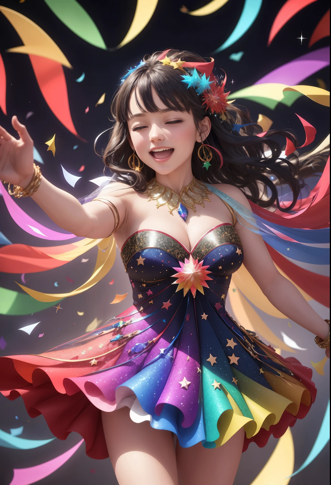 vibrant multicolored confetti, fluttering through the air, night sky backdrop, a dance of festivity and color, swirling paper fragments catching the light of the stars, a celebration under the celestial expanse, festive atmosphere, confetti like a rainbow cascade, sparkling against the dark canvas of night, endless joy expressed in flying colors, a spectacle of hues, paper pieces glinting silver in the moonlight, (best quality,4k,8k,highres,masterpiece:1.2), ultra-detailed, (realistic, photorealistic, photo-realistic:1.37), joyful celebration, starlit festival, lively confetti storm, festive night air, dynamic motion, festive spirals, spectacular display of colors, bright specks of paper, sparkling lively night, midnight celebration, (shimmering effect:1.1), (colorful paper, glossy paper), (ethereal glow:1.1), (vivid colors:1.1), magical night event