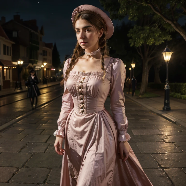 Hyper-realistic , beautiful portrait, close-up, high resolution, 8k,of a woman in a pink dress and hat walking down a street, walking at night.by the , street lamps at night, Victorian lady, a beautiful Victorian woman, Victorian fantasy art, Herbert James Draper,  dressed in Victorian clothes, Vittorio Matteo Corcos, beautiful character.