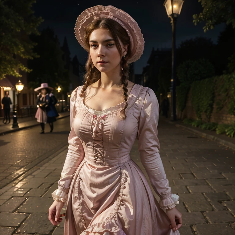 Hyper-realistic , beautiful portrait, close-up, high resolution, 8k,of a woman in a pink dress and hat walking down a street, walking at night.by the , street lamps at night, Victorian lady, a beautiful Victorian woman, Victorian fantasy art, Herbert James Draper,  dressed in Victorian clothes, Vittorio Matteo Corcos, beautiful character.