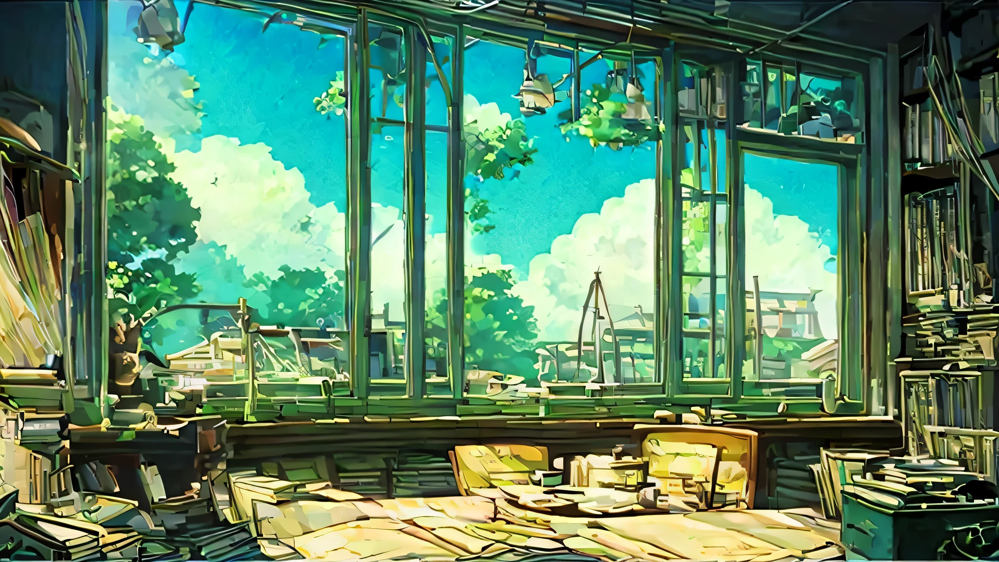 Room with lots of books、Cafe、library、Ghibli style、Studio Ghibli、anime scenery、anime background、Studio Ghibliアニメスタイル
