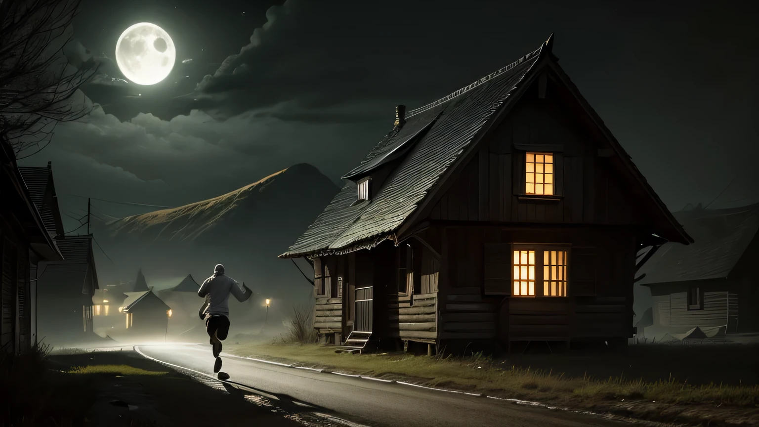 man running away from an old wooden house at night, Com luar, sombrio, apavorante, ghostly