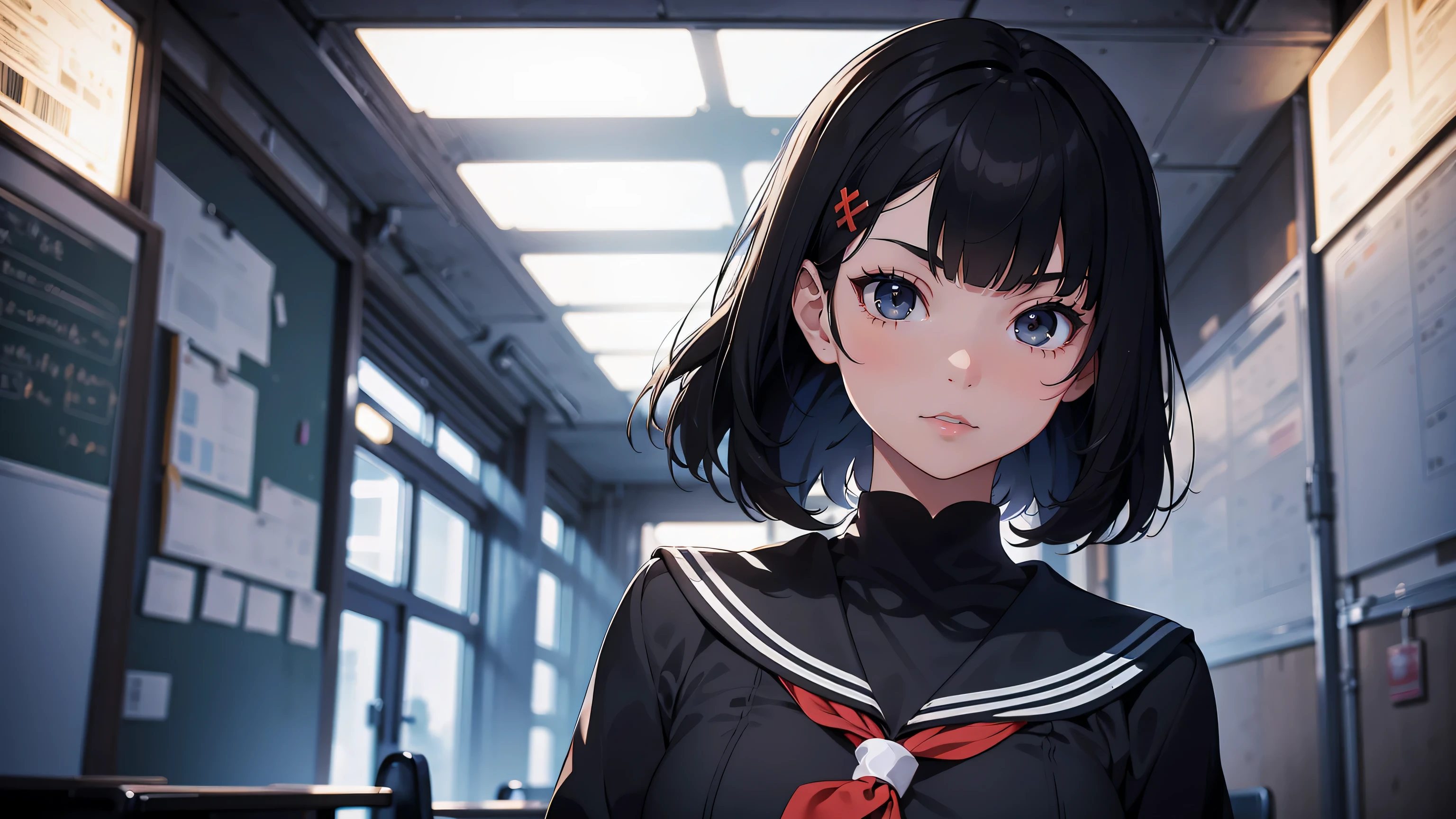 obra maestra, Mejor calidad, 1 chica, Solo, (Peinado de Iliá Kuvshinov), (Uniforme escolar marinero), ((Calidad superior, ultra detallado)), ((high resolution, CG extremadamente detallado, fondo de pantalla de unidad 8k, por artista famoso, perfect anatomy, super detailed skin, cinematic lighting, HD, retina, anatomically correct, 1080P)), (Please draw a single one rude girl walking in a aula school :1.3), ((1 chica)), (Solo, rostro,16-year-old:2.0), un estudiante de secundaria, ((pelo negro completo)) ((Peinado largo de Bob)) ((flequillo corto y contundente)), ((pelo largo, straight hair fallen and still hair)) Extremidades completas, dedos completos, ((Dedos perfectos, brazos perfectos)), ((detailed rostro)) ((Gothic, chica intimidante)), pecho mediano, trasero mediano, Beautiful detailed full ojos negros, ((ojos negros)) ojos perfectos, (Detailed lighting), (antecedentes detallados), ((en la zona escolar)), cuerpo completo view, de pie, Soltera (una chica), ((cuerpo completo view)) ((El fondo es la escuela.)), ((cuerpo delantero)), ((cuerpo completo)) ((de pie)) ((detailed perfect rostro)) ((aula))