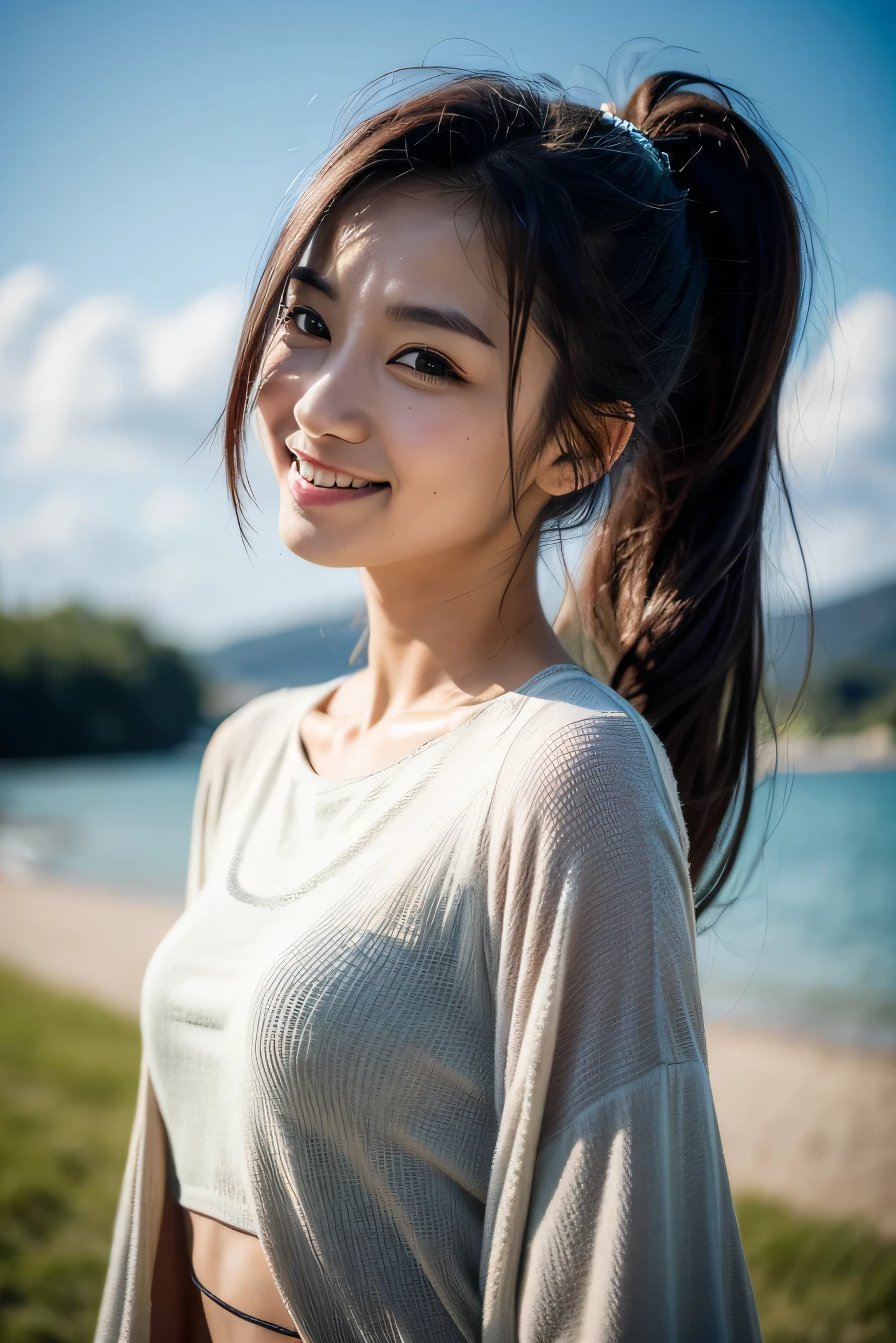 最high quality, realistic, Super detailedな, finely, High resolution, 8k wallpaper, 1 beautiful woman,, black messy hair, wearing a t-shirt, sharp focus, perfect dynamic composition, beautiful and detailed eyes, thin hair, Detailed realistic skin texture, smile,model body shape,blue sky, there are some white clouds, green grassland,The photo is taken from an angle where the whole body can be seen., I pulled it back a little from the side.., The color is pastel, The face conforms to normal bone structure and skin texture, 魅惑的なsmile, cinematic lighting, advanced details, high quality, Super detailed, anatomically correct