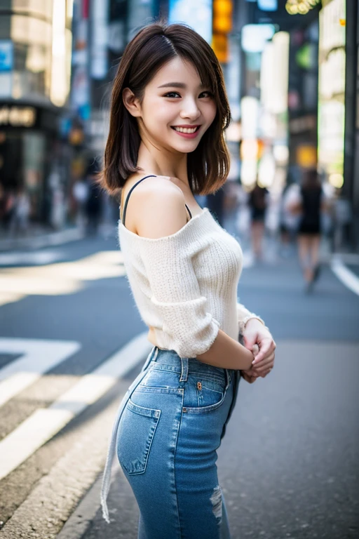 highest quality, masterpiece, ultra high resolution, 8K, born, (photo-realistic:1.4), professional lighting, Low - Angle, 1 girl, (detailed background:1.5), Tokyo Shibuya Street, whole body, thin, dynamic pose, cute, smile, small breasts, fine clothes, crop_superior, (white, Torn wide jeans),knit dress