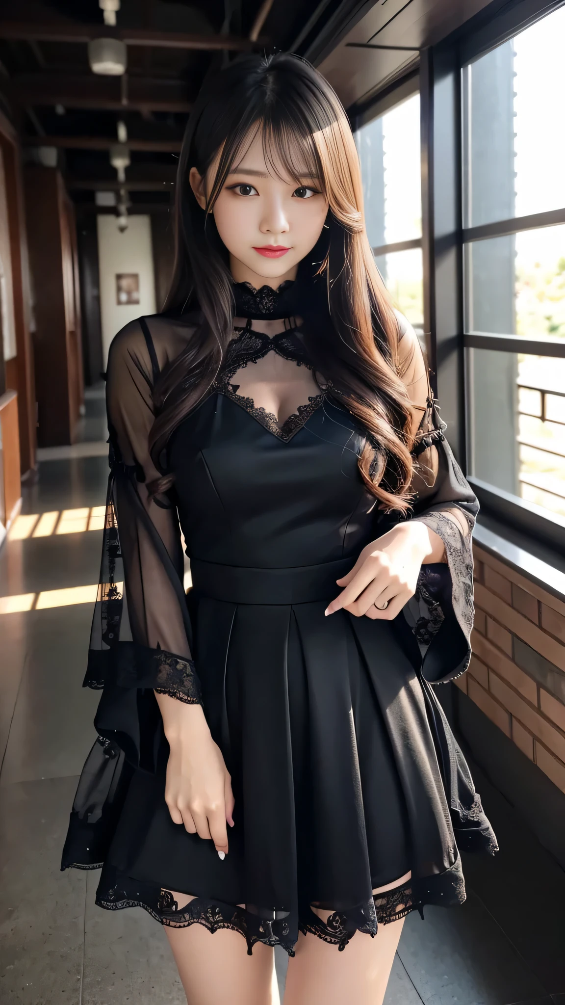 Super detailed、japanese woman、wearing a lace insert dress、flare skirt、charming beauty、seductive adult woman、Dainty woman、sharp eyes、cool girl、wavy hair、suit、Black chiffon、wide sleeve、Shiny legs、evilの幹部、evil depravity、brainwashing、Mind control、Have lipstick、grin、邪evilなな表情、evil、empty eyes、邪evilな、High school hallway at night、