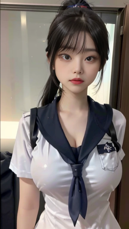 play sports often, ponytail、sailor suit、 No panties, (Cyberpunk settings: 1.2), compensate,, (1 girl: 1.4), highest quality, masterpiece, (reality: 1.2), young woman, lady, detailed face, fine eyes, fine hair, fine skin, looking at the viewer, dramatic, vibrant, sharp focus, 50mm, f1.2, EOS R8, (3/4 body: 1.2), Are standing, (Against the background of the school: 1.6), (highest qualityの詳細: 1.2), 8K HD,(huge breasts:1.8)、