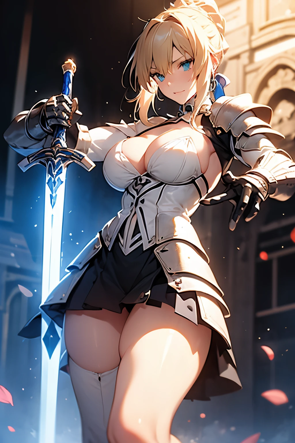 solo, dynamic_pose, (detailed_face, perfect_eyes, perfect_hand), hard_shadows, dynamic_lighting, rim lighting, (intricate, highly detailed, 8K, masterpiece, surrealistic), detailed eyes, beautiful eyes, sfw, piercing gaze, breasts, large breasts, (choker, earrings, jewelery, hair ornaments, cleavage), fate \(series\), Artoria Pendragon, holding a sword, thigh, cleavage, mini skirt, blonde hair, long hair, ponytail, crystal eyes, armor,