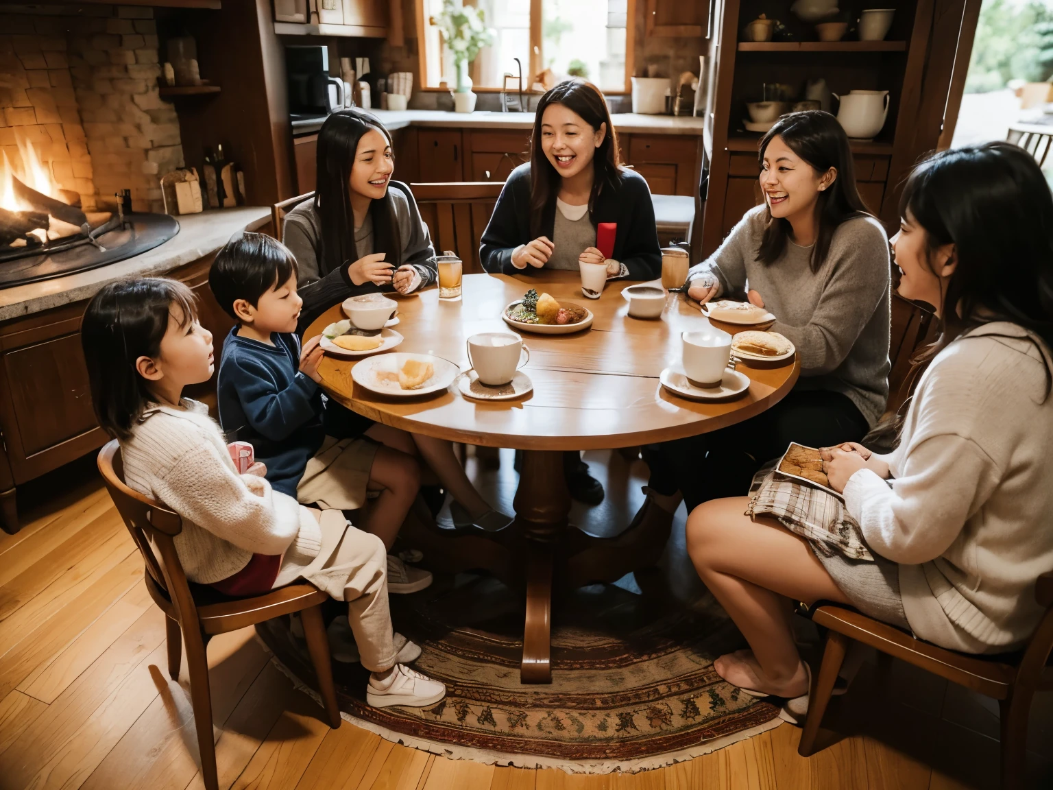 People sitting around the table eating and drinking, Brew tea around the hearth,play, Parents and children sitting at table, People inside are eating, Have a great time, The table is full of food, Neighborhoods, people at the table, people sitting at table, Everyone had a great time, , Warm, f 2. 0