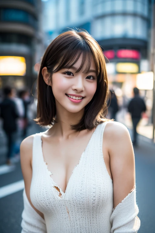 highest quality, masterpiece, ultra high resolution, 8K, born, (photo-realistic:1.4), professional lighting, Low - Angle, 1 girl, (detailed background:1.5), Tokyo Shibuya Street, whole body, thin, dynamic pose, cute, smile, small breasts, fine clothes, crop_superior, (white, Torn wide jeans),knit dress,Front image