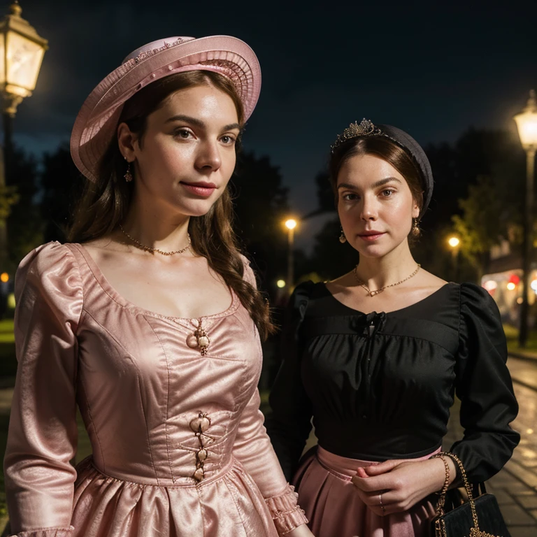Hyper-realistic , beautiful portrait, close-up, high resolution, 8k,of a woman in a pink dress and hat walking down a street, walking at night.by the , street lamps at night, Victorian lady, a beautiful Victorian woman, Victorian fantasy art, Herbert James Draper, dressed in Victorian clothes, Vittorio Matteo Corcos, beautiful character.