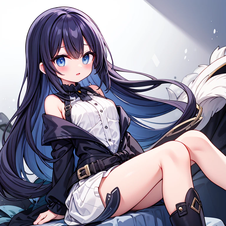 ((nsfw:2.0)),(All-black overcoat),(A girl with long, dark hair)、(Beautiful blue eyes),(hair over one eye)、(cute),(Moe sleeves),black tights、(Beautiful night sky)、M-shaped legs