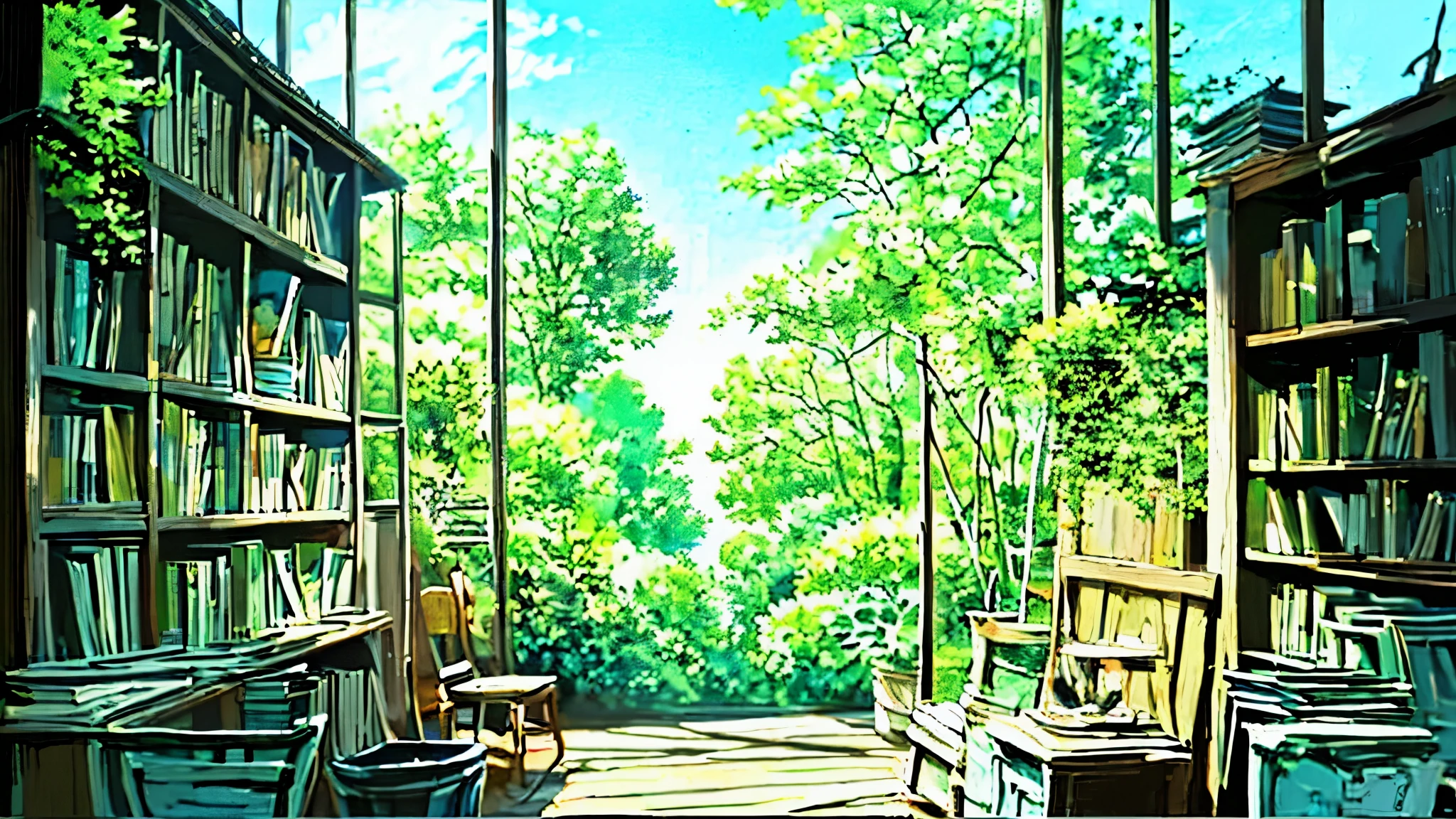 A room with lots of books、Cafe、library、Ghibli style、Studio Ghibli、anime scenery、anime background、Studio Ghibliアニメスタイル