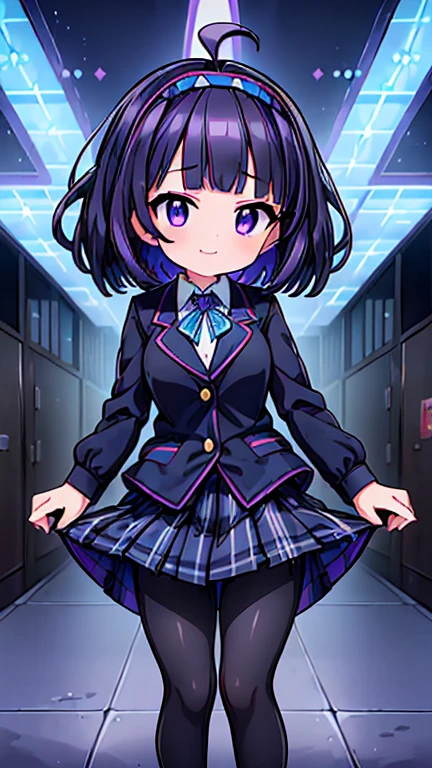 (Theatrical Animation Quality:1.5),(high anime color:2.0),(Anime Ultra High Definition:2.0),(Colorful anime illustrations:2.0),(Anime visuals of cute girls:2.0),(very intricate:1.8),Solo,(BCOCA style:1.8),(idolmaster:1.5),(a beauty girl:1.8),(Elementary school student full of wildness:0.5),(Cute girl with a small face:1.5),(13 years old with good style:1.8),(:1.5),
BREAK,(Purple eyes:1.5),(Cat-like eyes:1.5),(Steadfast younger sister character:1.5),(girl childish:2.0),(Short stature:1.8),(breasts are large:1.3),(dark indigo hair:1.8),(medium blunt bangs:1.8),(Short hair:0.5),(hair messy:1.8),
BREAK,
(The color of the plaid headband is blue.:1.6),(double tooth:1.3),
BREAK,(Black Blazer School Uniform:1.5),(Black plaid skirt:1.5),(Wearing tights:1.5),JK school uniform,(Commuting to school:1.2),(Student Street:1.8),(Smiling:1.1),Standing picture,(Cat-like pose:1.1),blush,espadrilles,masterpiece,ultra-detailliert,hightquality,top-quality,