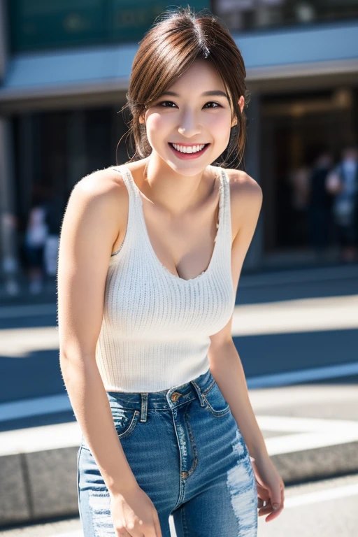 highest quality, masterpiece, ultra high resolution, 8K, born, (photo-realistic:1.4), professional lighting, Low - Angle, 1 girl, (detailed background:1.5), Tokyo Shibuya Street, whole body, thin, dynamic pose, cute, smile, small breasts, fine clothes, crop_superior, (white, Torn wide jeans),knit dress
